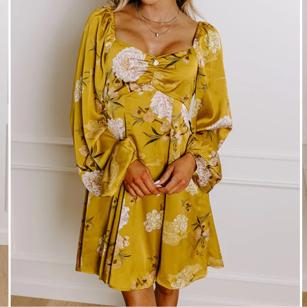 Impressions Boutique Floral Yellow Gold Long Sleeve Satin Mini Party Dress